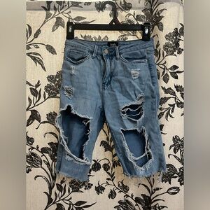 Simple Society Light Wash Blue Knee Length Denim Shorts - Ripped/Distressed